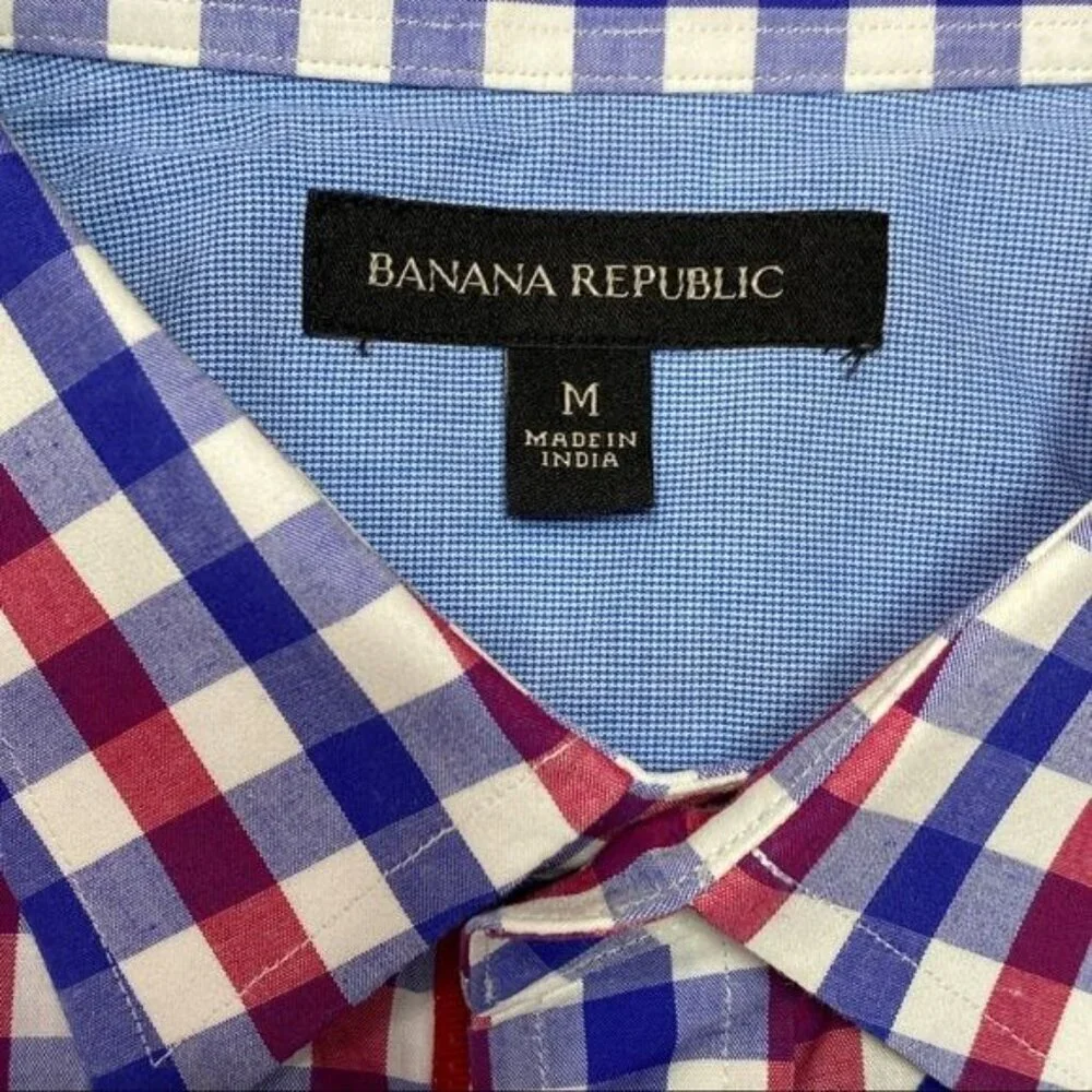 Banana Republic Men's Medium Shirt Short Sleeve Button Down Gingham Plaid Blue R